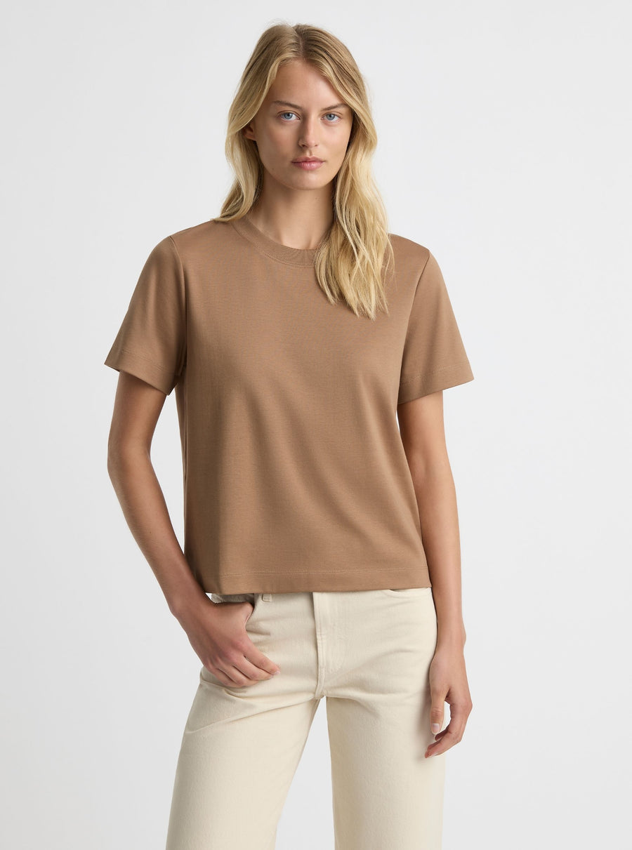 Brown|Good Earth Cotton® Box Cut Tee – Sustainable Cotton T-shirt|Amelia is 5'11" and wearing a size S
