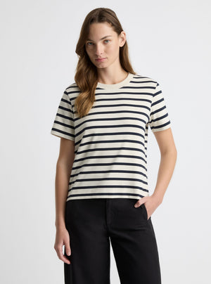 Stripe White/Navy|Black and white striped t-shirt on a light gray background|Zenya is 5'10" and wearing a size S