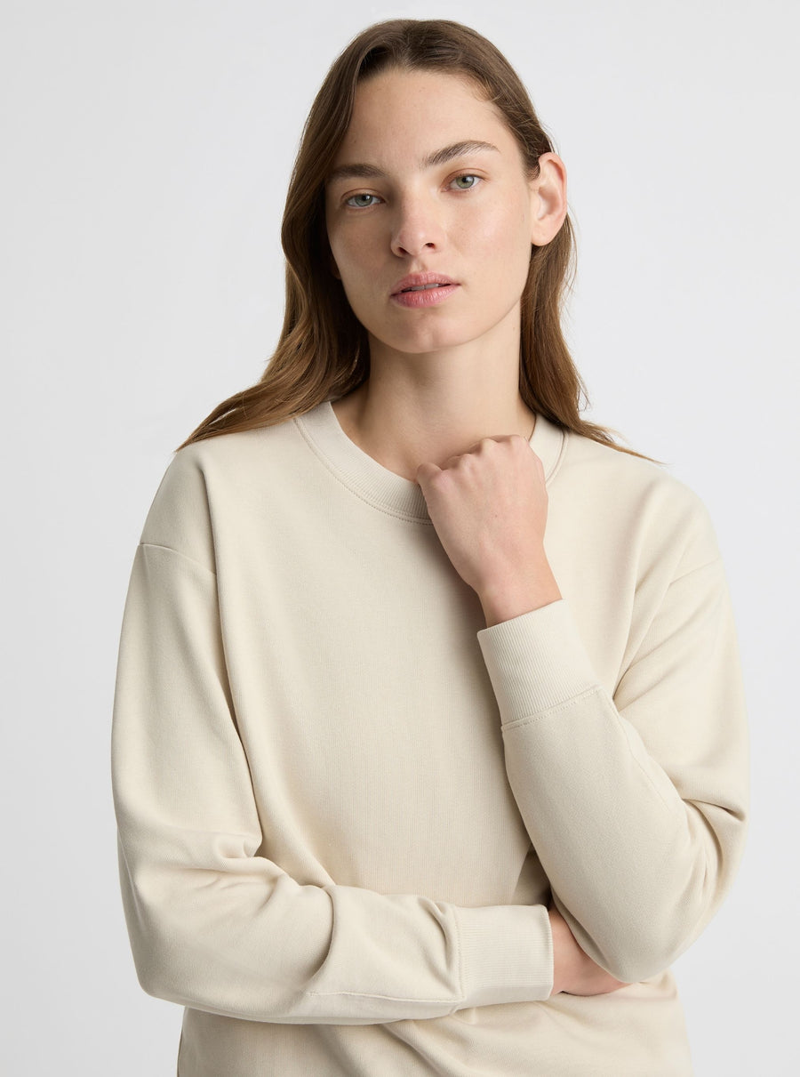 Ecru|Good Earth Cotton® Sweatshirts – Sustainable Cotton Sweatshirts|Zenya is 5'10" and wearing a size S