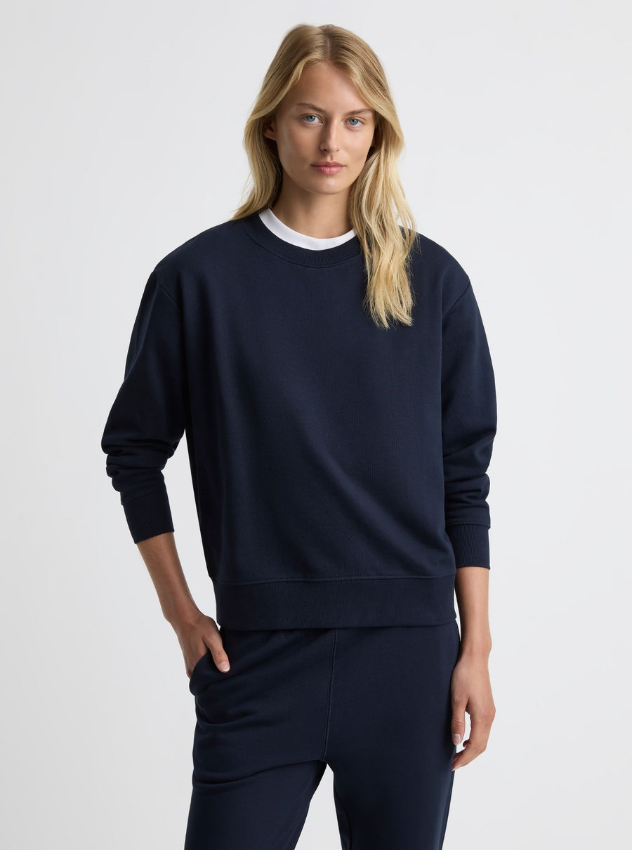 Navy|Good Earth Cotton® Sweatshirts – Sustainable Cotton Sweatshirts|Amelia is 5'11" and wearing a size S
