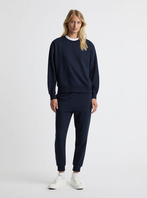 Navy|Good Earth Cotton® Sweatshirts – Sustainable Cotton Sweatshirts|Amelia is 5'11" and wearing a size S