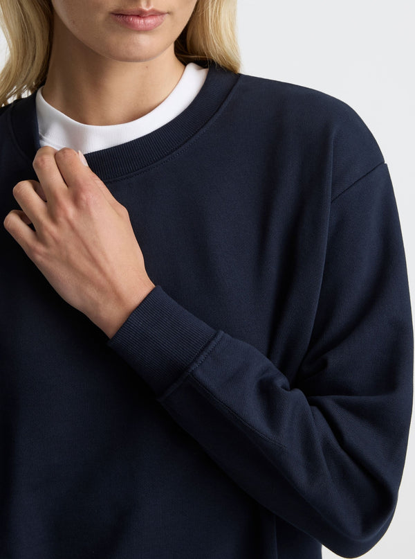 Navy|Good Earth Cotton® Sweatshirts – Sustainable Cotton Sweatshirts|Amelia is 5'11" and wearing a size S