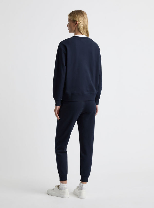 Navy|Good Earth Cotton® Sweatshirts – Sustainable Cotton Sweatshirts|Amelia is 5'11" and wearing a size S