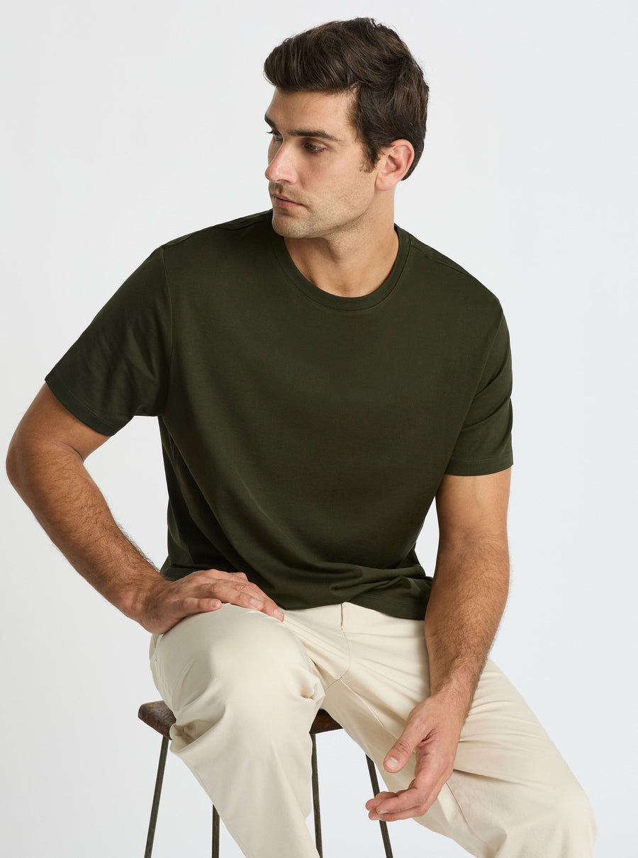 Army Green|Supima® Mercerised Crew Tee for men – premium soft cotton t-shirt|Jack is 188 cm� and wearing a size L