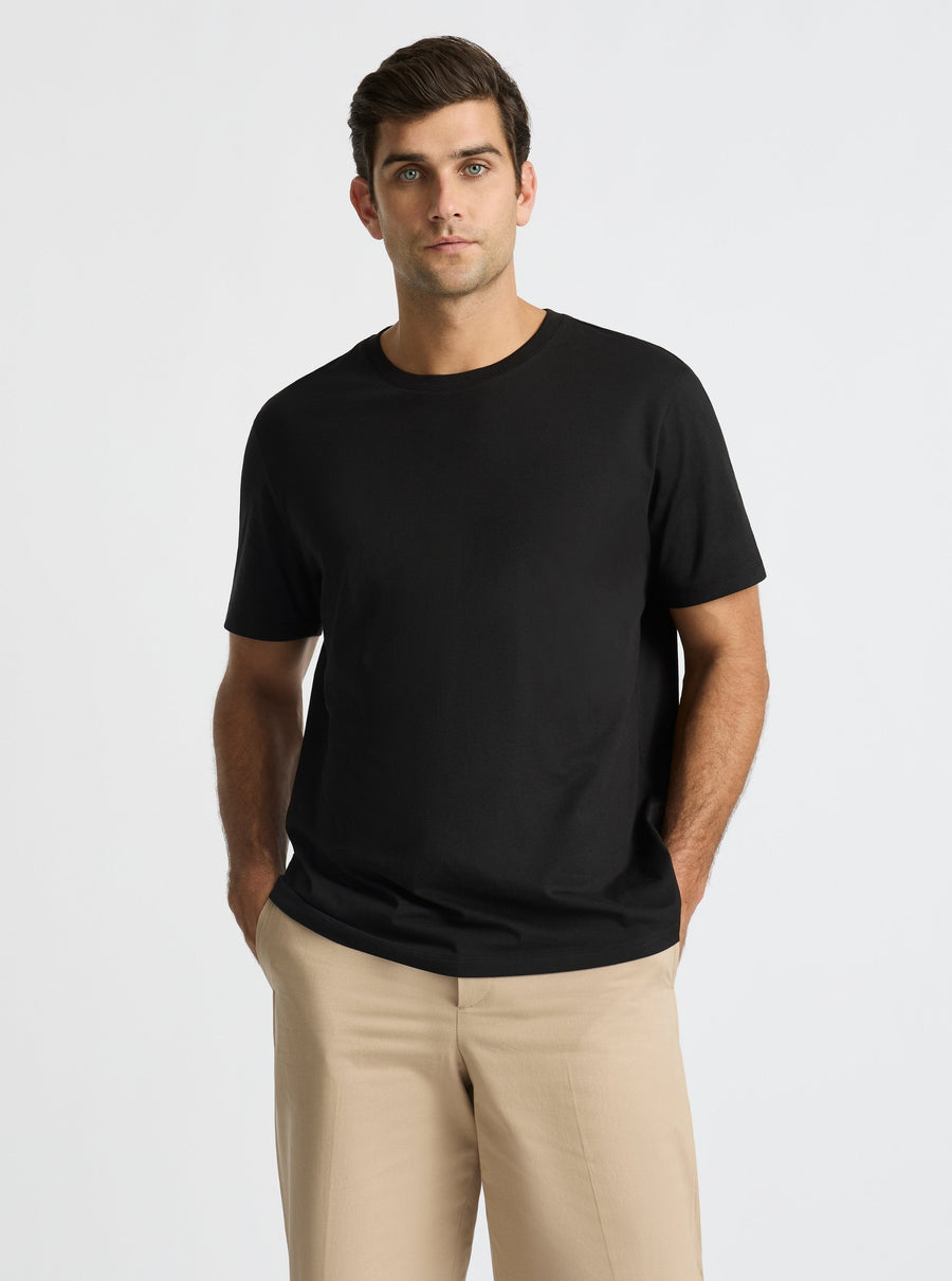 Black|Supima® Mercerised Crew Tee for men – premium soft cotton t-shirt|Jack is 6’2” and wearing a size L