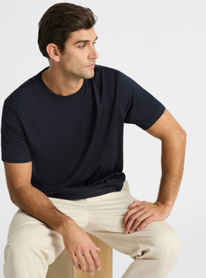 Dark Navy|Supima® Mercerised Crew Tee for men – premium soft cotton t-shirt|Jack is 188 cm� and wearing a size L