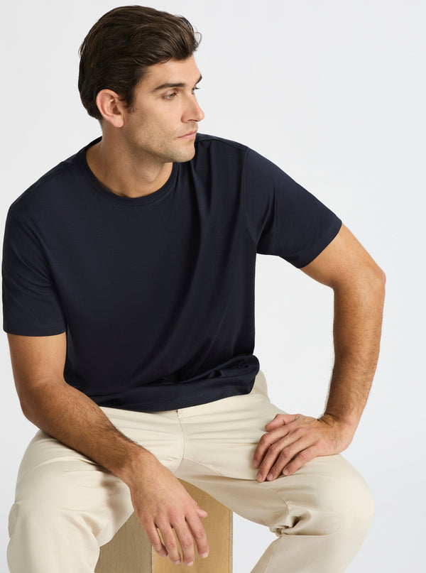 Dark Navy|Supima® Mercerised Crew Tee for men – premium soft cotton t-shirt|Jack is 188 cm� and wearing a size L