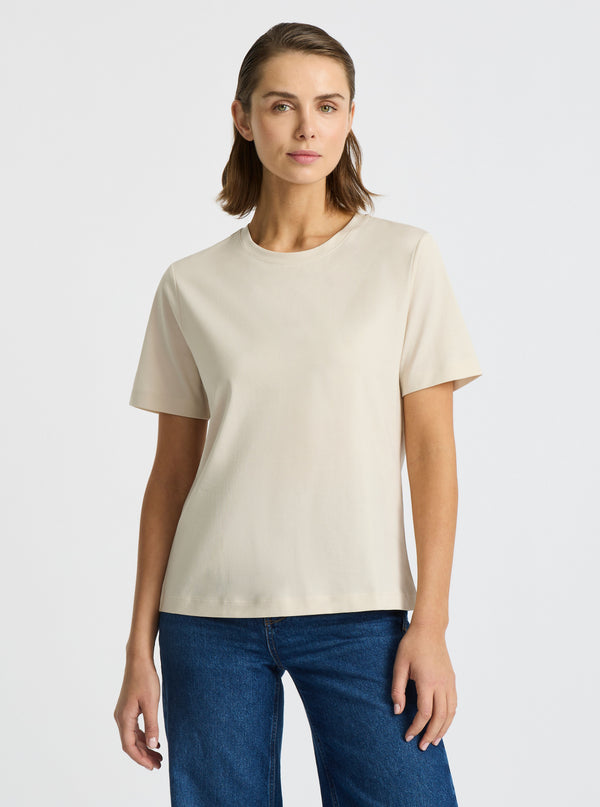 Beige|Supima® Mercerised Crew Tee for women – premium soft cotton t-shirt|Stas is 5'10" and wearing a size S