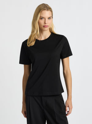 Black|Supima® Mercerised Crew Tee for women – premium soft cotton t-shirt|Karolina is 179 cm and wearing a size S