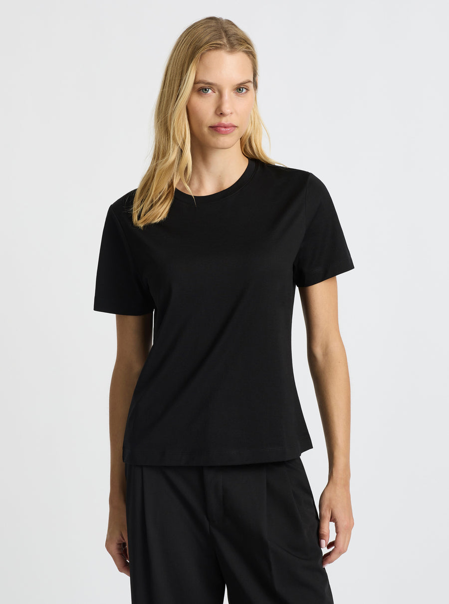 Black|Supima® Mercerised Crew Tee for women – premium soft cotton t-shirt|Karolina is 179 cm and wearing a size S