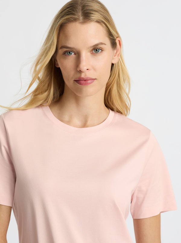 Blush|Supima® Mercerised Crew Tee for women – premium soft cotton t-shirt|Karolina is 5'10" and wearing a size S