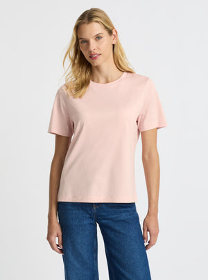 Blush|Supima® Mercerised Crew Tee for women – premium soft cotton t-shirt|Karolina is 5'10" and wearing a size S