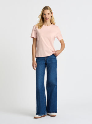 Blush|Supima® Mercerised Crew Tee for women – premium soft cotton t-shirt|Karolina is 5'10" and wearing a size S