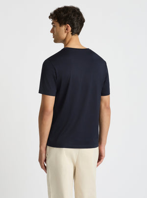 Dark Navy|Supima® Mercerised V-neck Tee for men – premium soft cotton t-shirt|Evans is 188 cm and wearing a size M