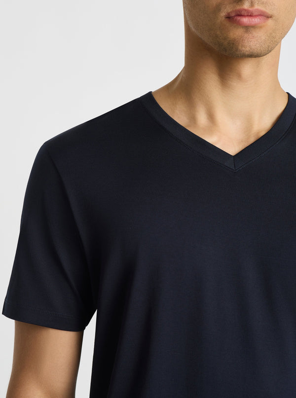 Dark Navy|Supima® Mercerised V-neck Tee for men – premium soft cotton t-shirt|Evans is 188 cm and wearing a size M