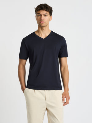 Dark Navy|Supima® Mercerised V-neck Tee for men – premium soft cotton t-shirt|Evans is 188 cm and wearing a size M