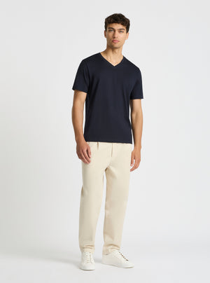 Dark Navy|Supima® Mercerised V-neck Tee for men – premium soft cotton t-shirt|Evans is 188 cm and wearing a size M