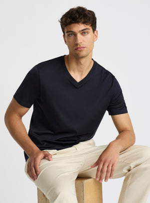 Dark Navy|Supima® Mercerised V-neck Tee for men – premium soft cotton t-shirt|Evans is 188 cm and wearing a size M