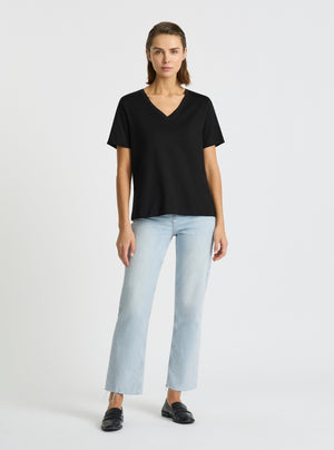 Black|Supima® Mercerised V-neck Tee for women – premium soft cotton t-shirt|Stas is 5'10" and wearing a size S