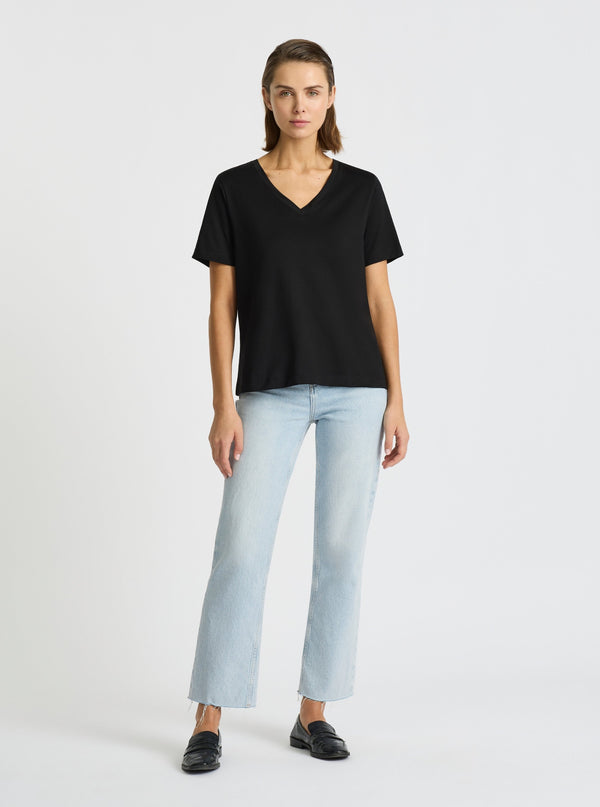 Black|Supima® Mercerised V-neck Tee for women – premium soft cotton t-shirt|Stas is 5'10" and wearing a size S