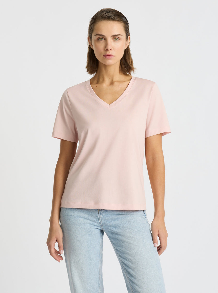 Blush|Supima® Mercerised V-neck Tee for women – premium soft cotton t-shirt|Stas is 5'10" and wearing a size S