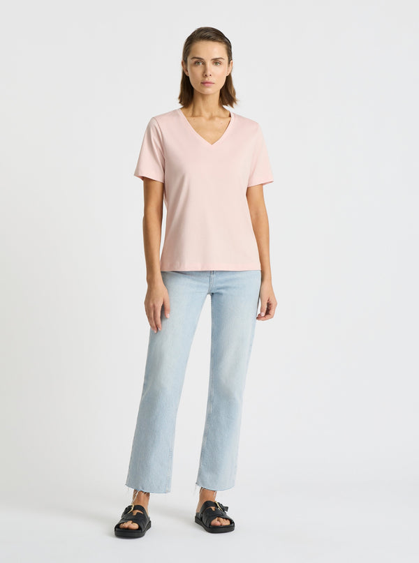 Blush|Supima® Mercerised V-neck Tee for women – premium soft cotton t-shirt|Stas is 5'10" and wearing a size S