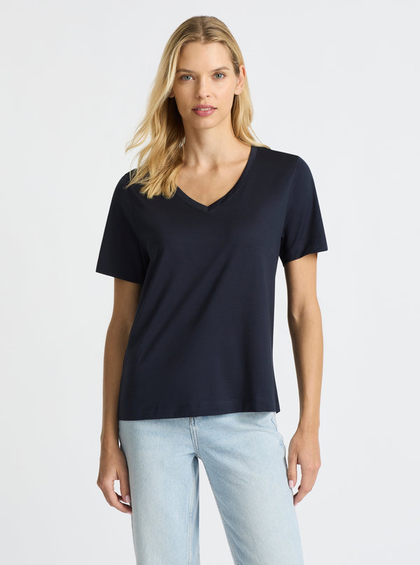 Dark Navy|Supima® Mercerised V-neck Tee for women – premium soft cotton t-shirt|Karolina is 5'10" and wearing a size S