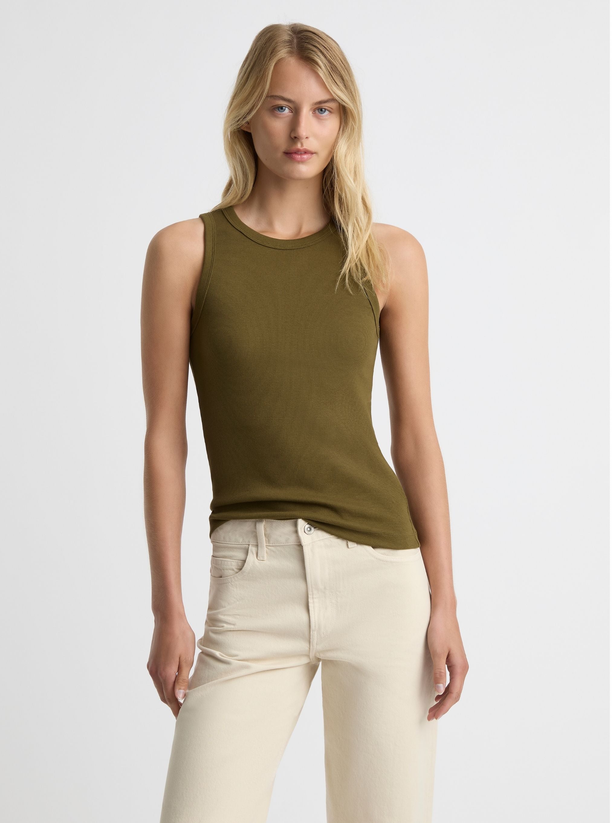 Dark Olive|Good Earth Cotton® Tanks – Sustainable Cotton Tanks|Amelia is 5'11" and wearing a size S