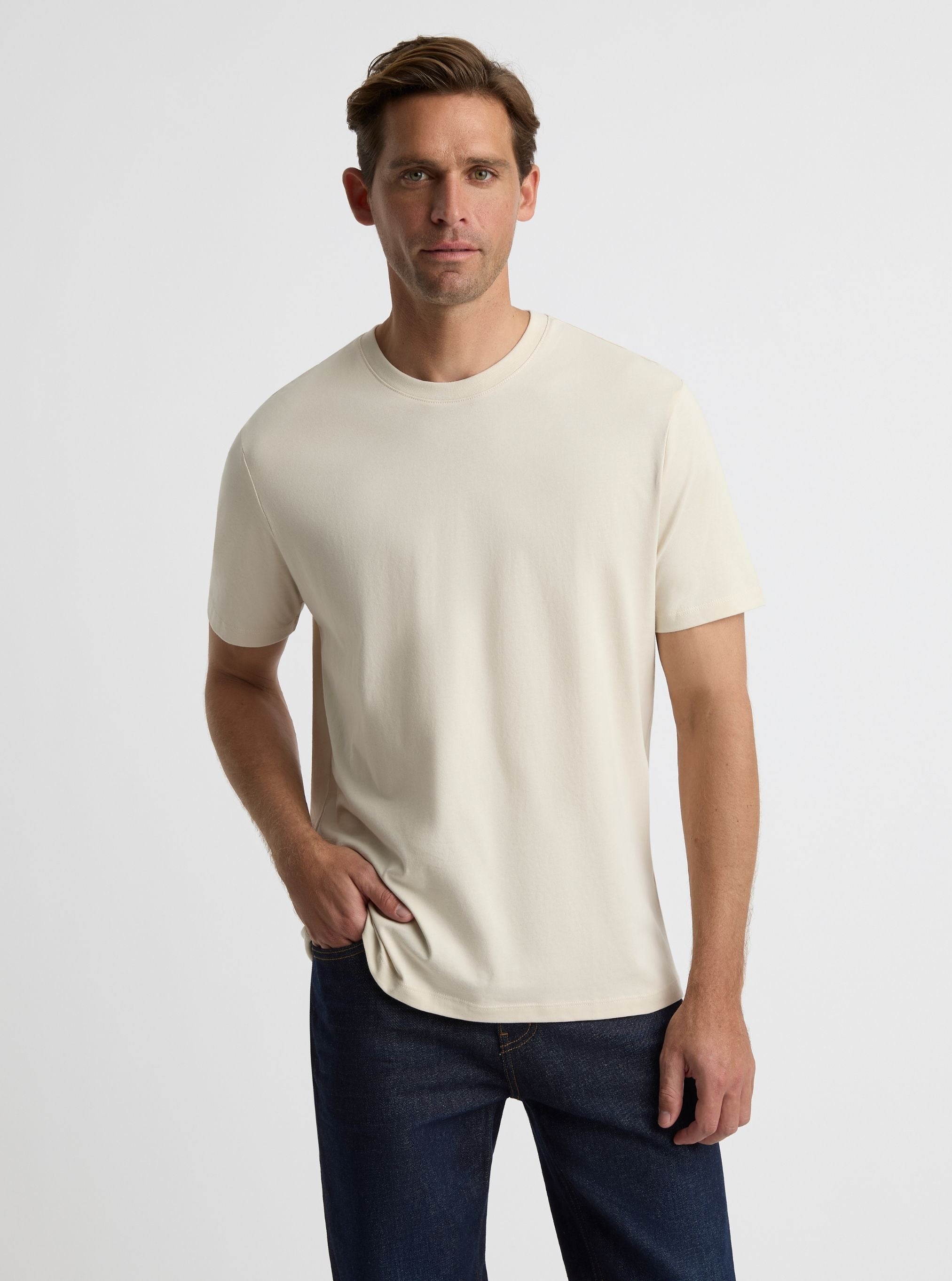 Oatmeal|Good Earth Cotton® Classic Tee – Sustainable Cotton T-shirts|Broed is 6'1" and wearing a size L