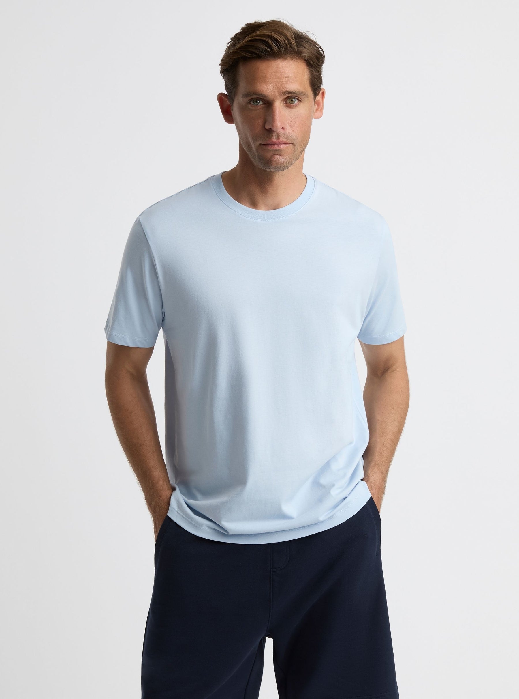 Sky Blue|Good Earth Cotton® Classic Tee – Sustainable Cotton T-shirts|Broed is 6'1" and wearing a size L