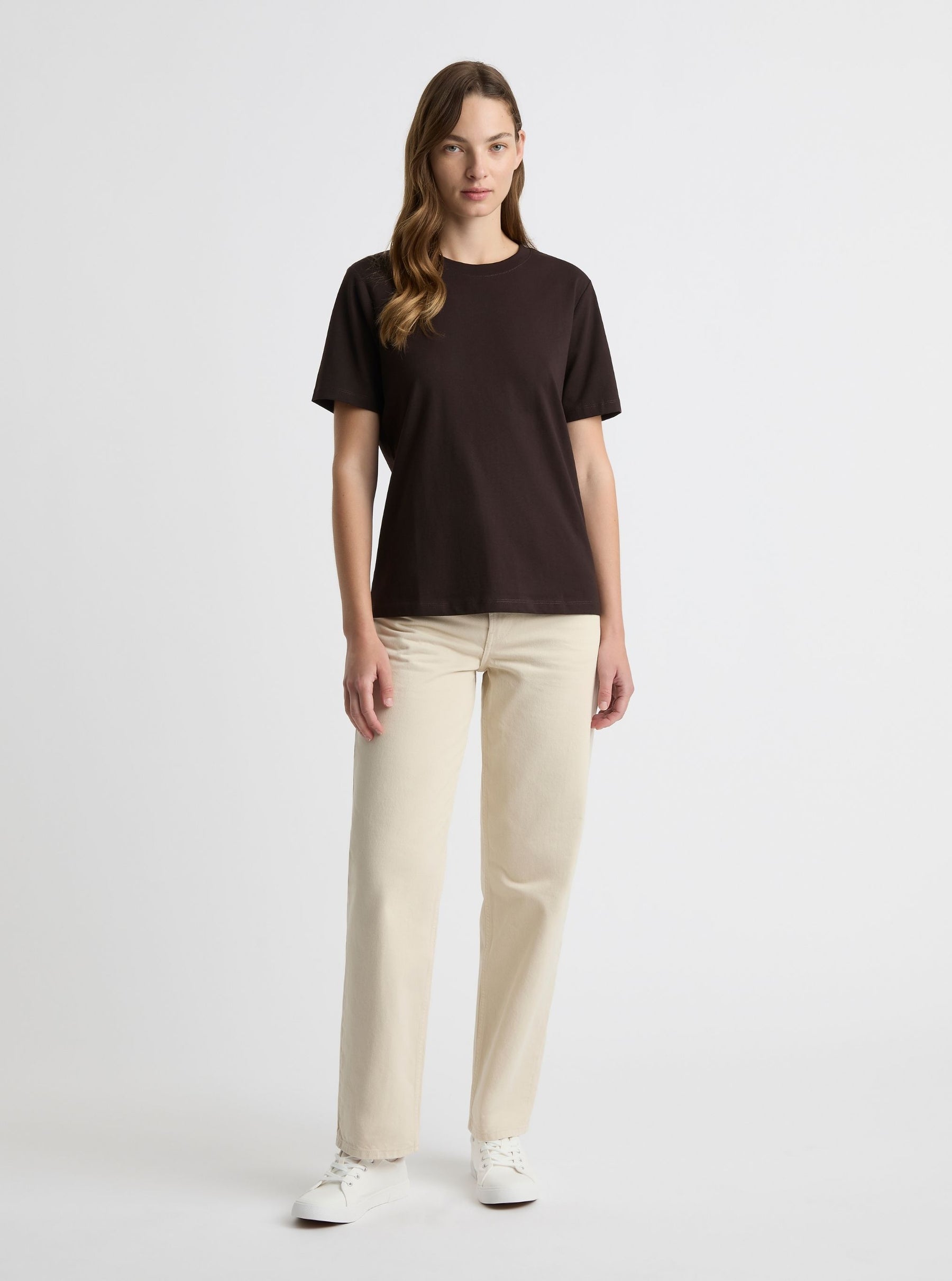 Dark Brown|Good Earth Cotton® Classic Tee – Sustainable Cotton T-shirts|Zenya is 5'10" and wearing a size S