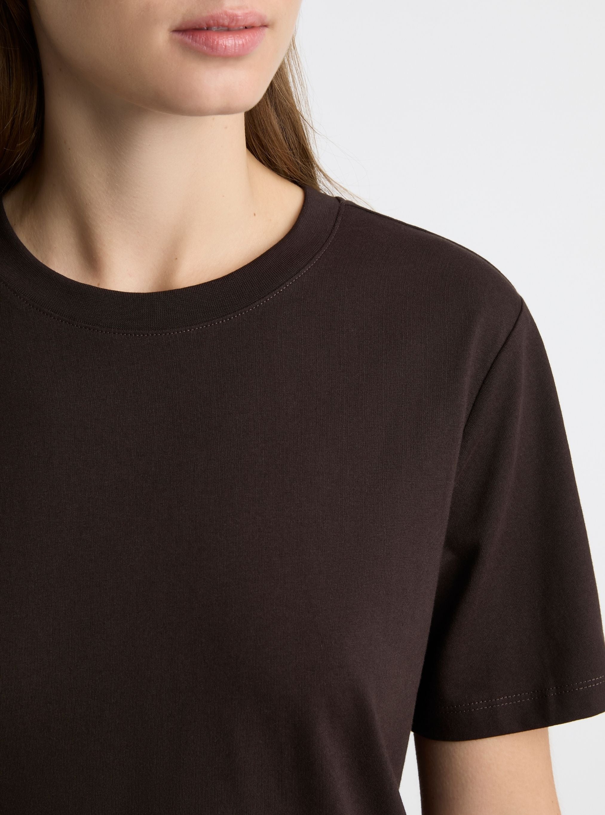 Dark Brown|Good Earth Cotton® Classic Tee – Sustainable Cotton T-shirts|Zenya is 5'10" and wearing a size S
