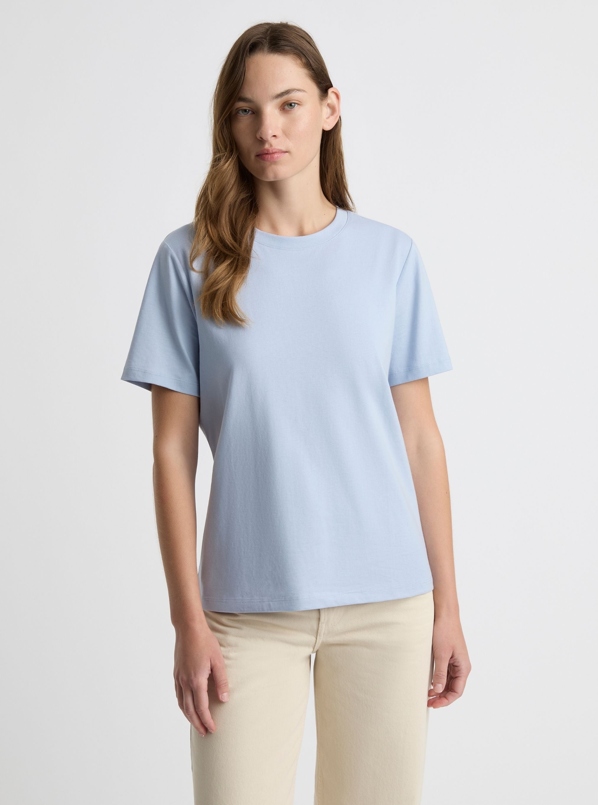 Light Blue|Good Earth Cotton® Classic Tee – Sustainable Cotton T-shirts|Zenya is 5'10" and wearing a size S
