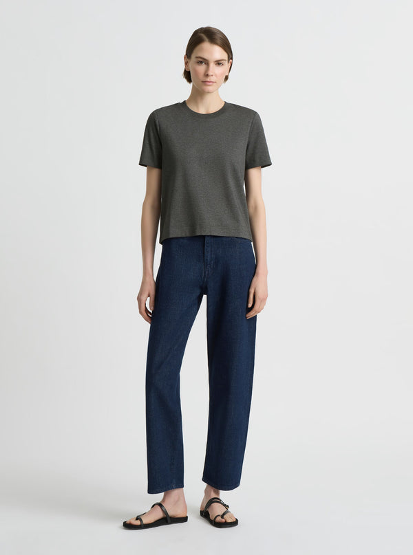Charcoal Marl|Supima Cotton® Box Cut Tee – Sustainable Cotton T-shirt|Mae is 180cm and wearing a size XS