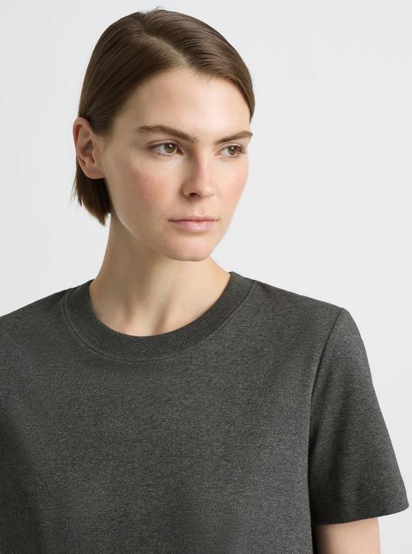 Charcoal Marl|Supima Cotton® Box Cut Tee – Sustainable Cotton T-shirt|Mae is 180cm and wearing a size XS