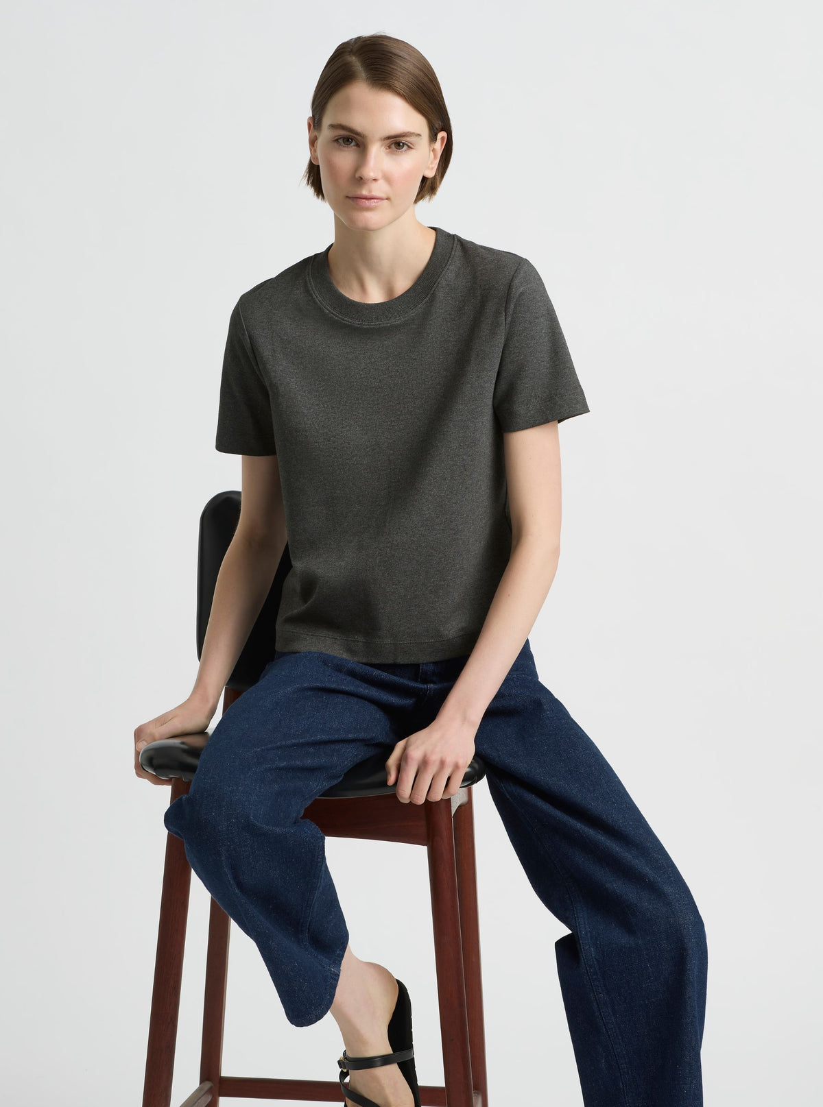 Charcoal Marl|Supima Cotton® Box Cut Tee – Sustainable Cotton T-shirt|Mae is 180cm and wearing a size XS