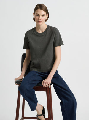 Charcoal Marl|Supima Cotton® Box Cut Tee – Sustainable Cotton T-shirt|Mae is 180cm and wearing a size XS