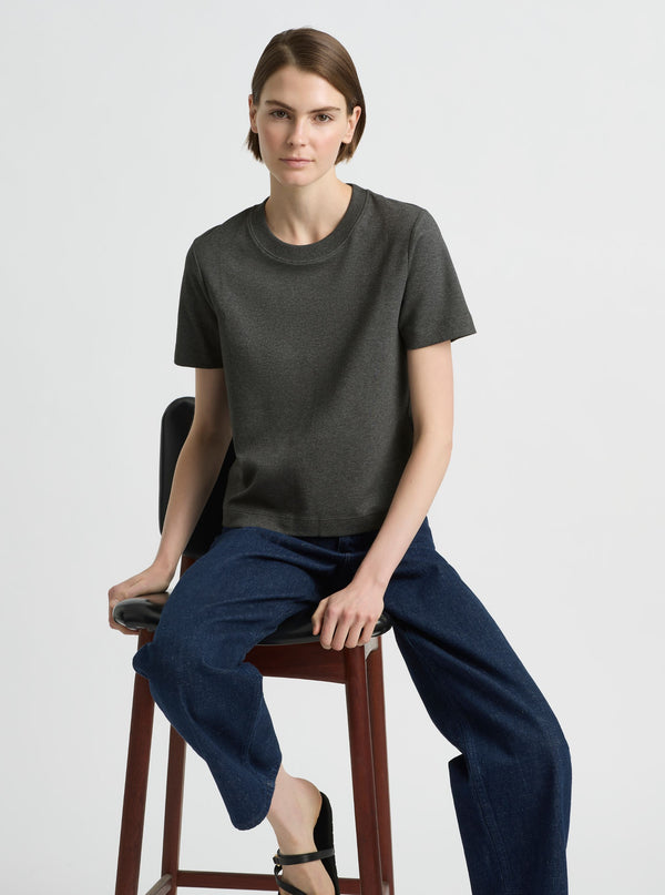 Charcoal Marl|Supima Cotton® Box Cut Tee – Sustainable Cotton T-shirt|Mae is 180cm and wearing a size XS