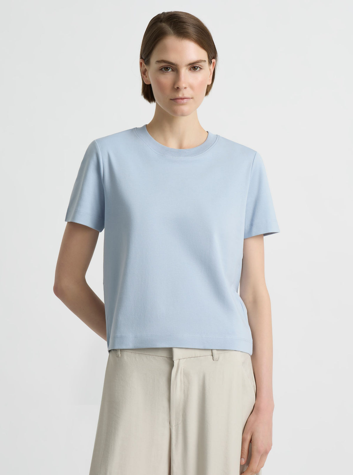 Sky Blue|Supima Cotton® Box Cut Tee – Sustainable Cotton T-shirt|Mae is 180cm and wearing a size XS