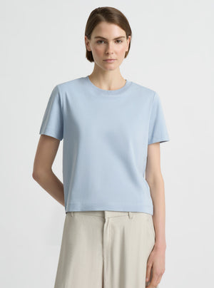 Sky Blue|Supima Cotton® Box Cut Tee – Sustainable Cotton T-shirt|Mae is 180cm and wearing a size XS