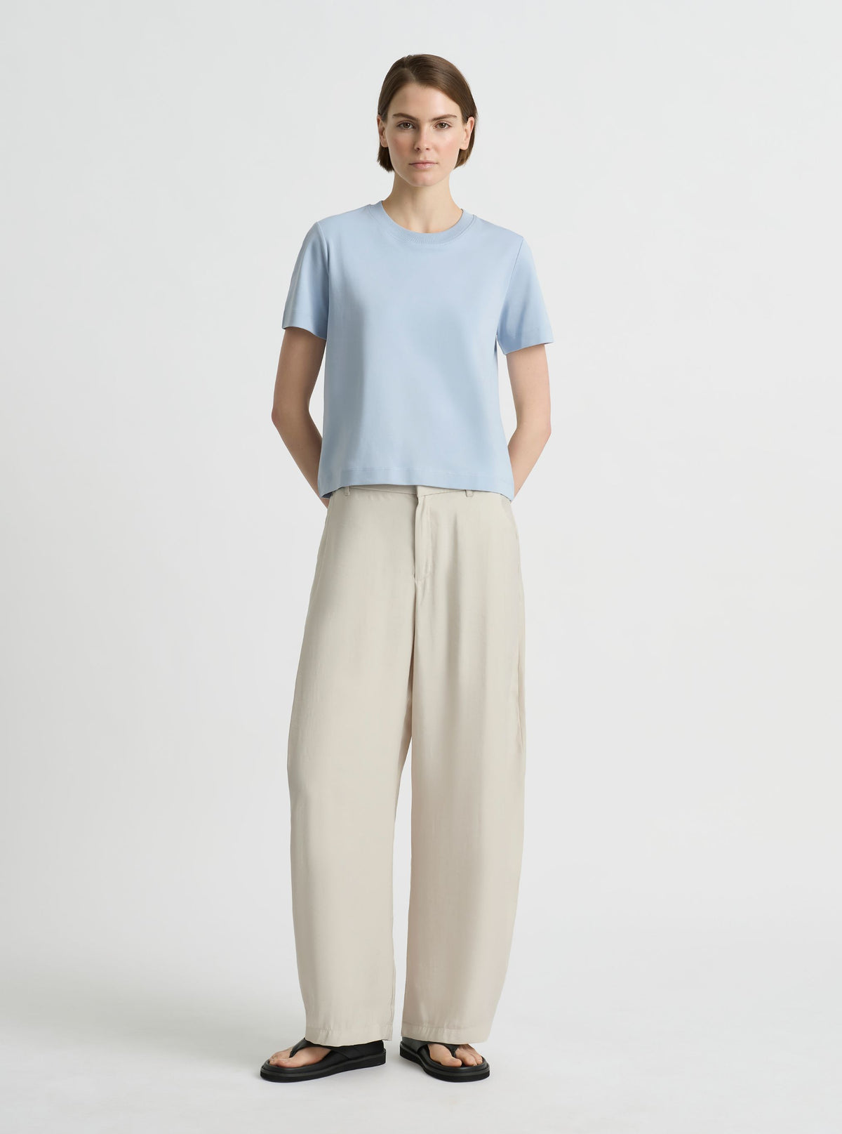 Sky Blue|Supima Cotton® Box Cut Tee – Sustainable Cotton T-shirt|Mae is 180cm and wearing a size XS