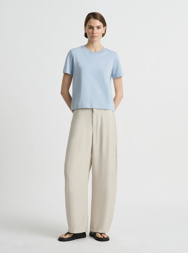 Sky Blue|Supima Cotton® Box Cut Tee – Sustainable Cotton T-shirt|Mae is 180cm and wearing a size XS