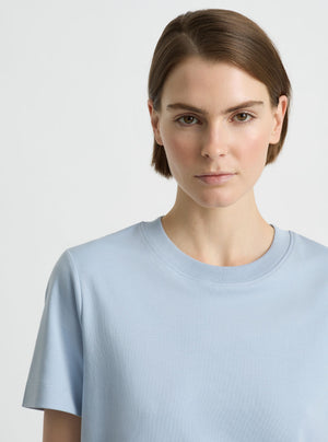 Sky Blue|Supima Cotton® Box Cut Tee – Sustainable Cotton T-shirt|Mae is 180cm and wearing a size XS