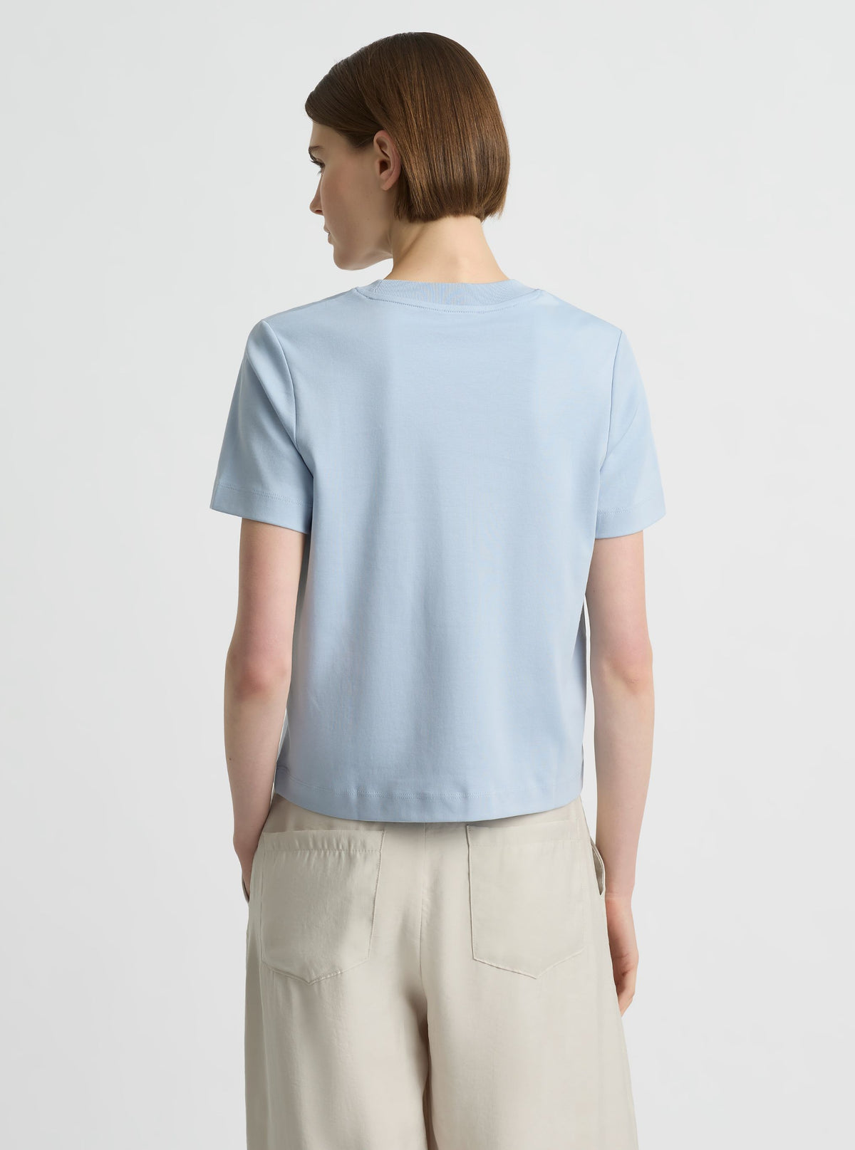 Sky Blue|Supima Cotton® Box Cut Tee – Sustainable Cotton T-shirt|Mae is 180cm and wearing a size XS