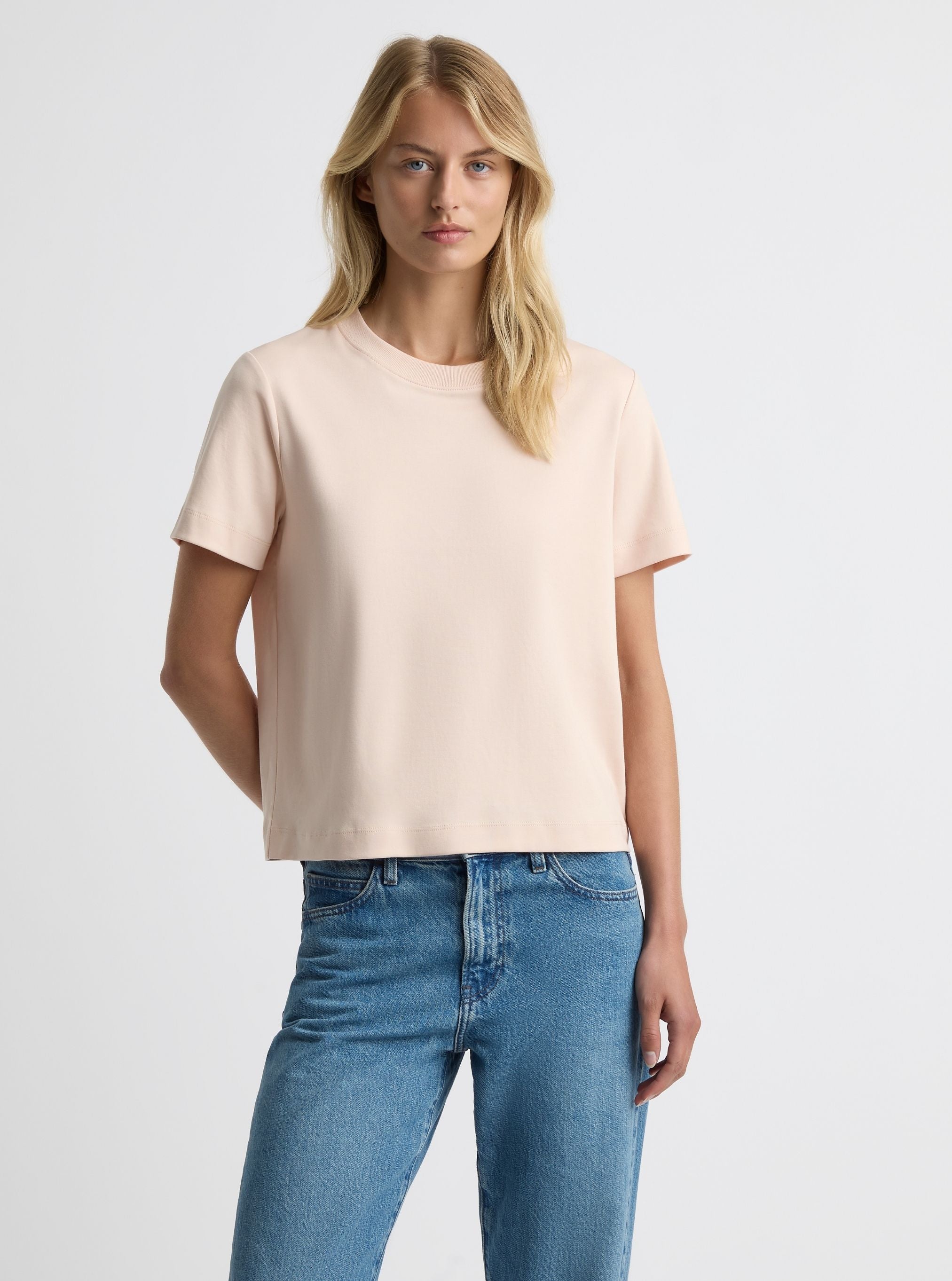 Blush|Good Earth Cotton® Box Cut Tee – Sustainable Cotton T-shirt|Amelia is 5'11" and wearing a size S