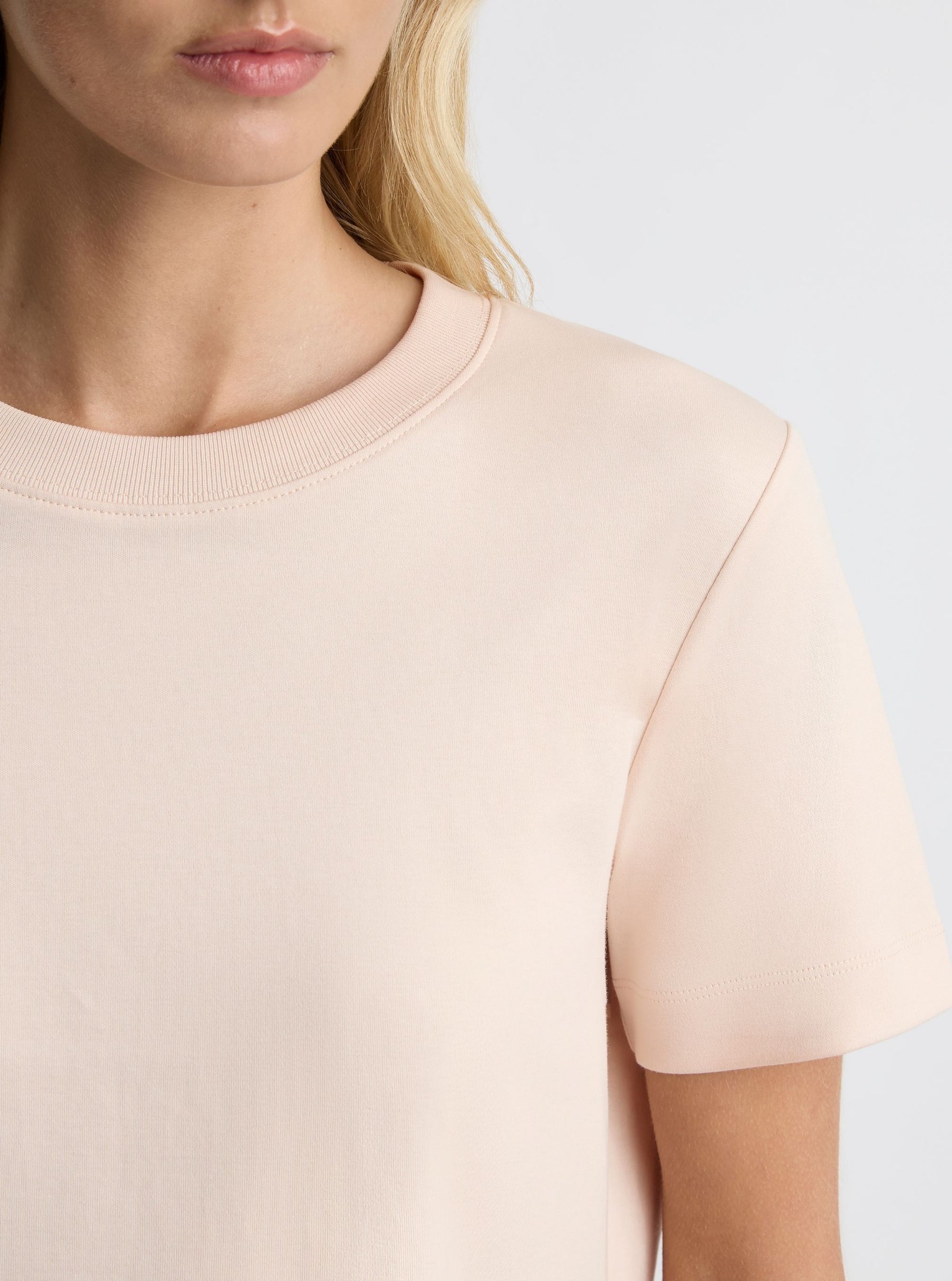 Blush|Good Earth Cotton® Box Cut Tee – Sustainable Cotton T-shirt|Amelia is 5'11" and wearing a size S