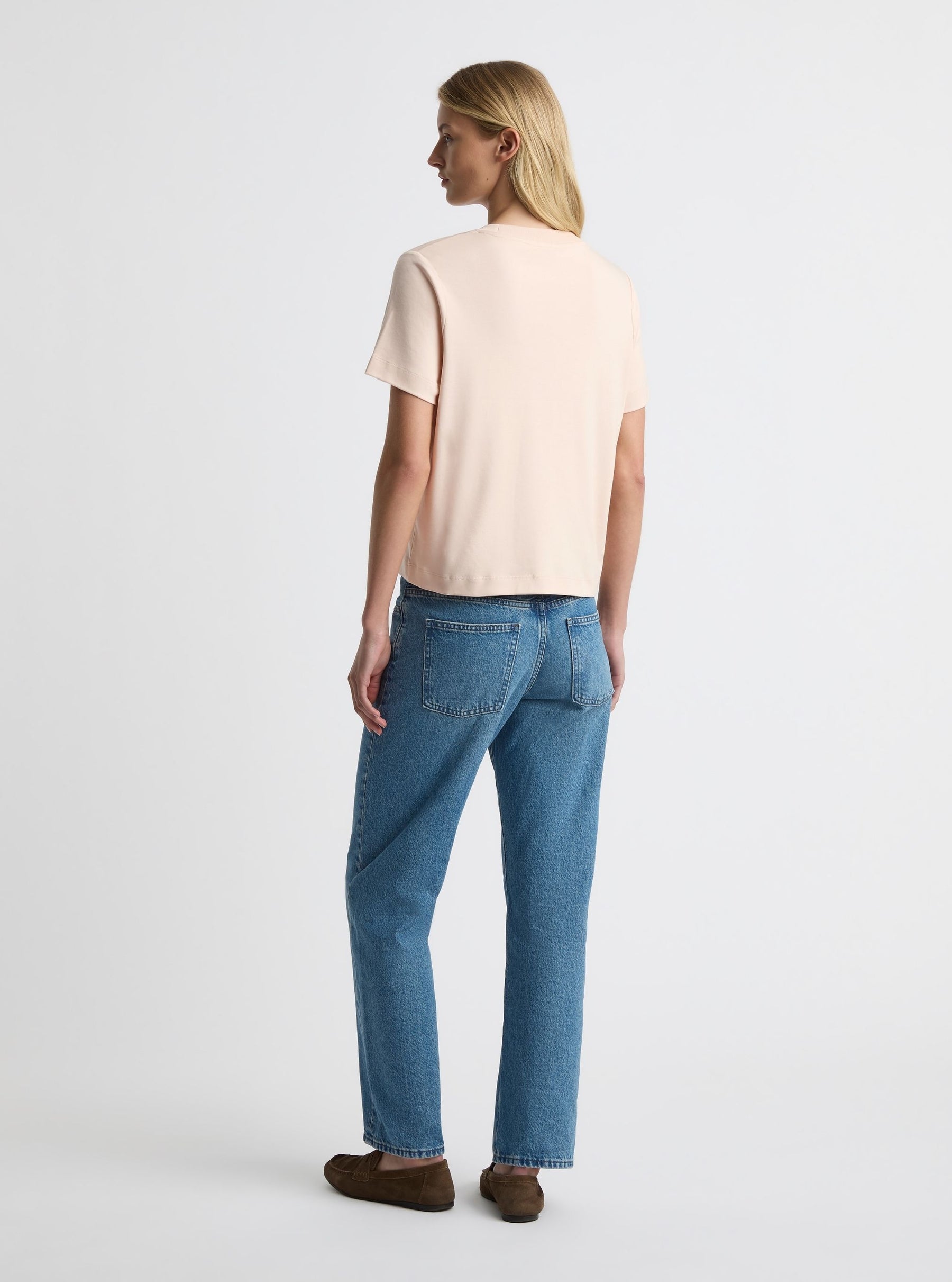 Blush|Good Earth Cotton® Box Cut Tee – Sustainable Cotton T-shirt|Amelia is 5'11" and wearing a size S