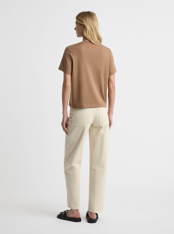 Brown|Good Earth Cotton® Box Cut Tee – Sustainable Cotton T-shirt|Amelia is 5'11" and wearing a size S