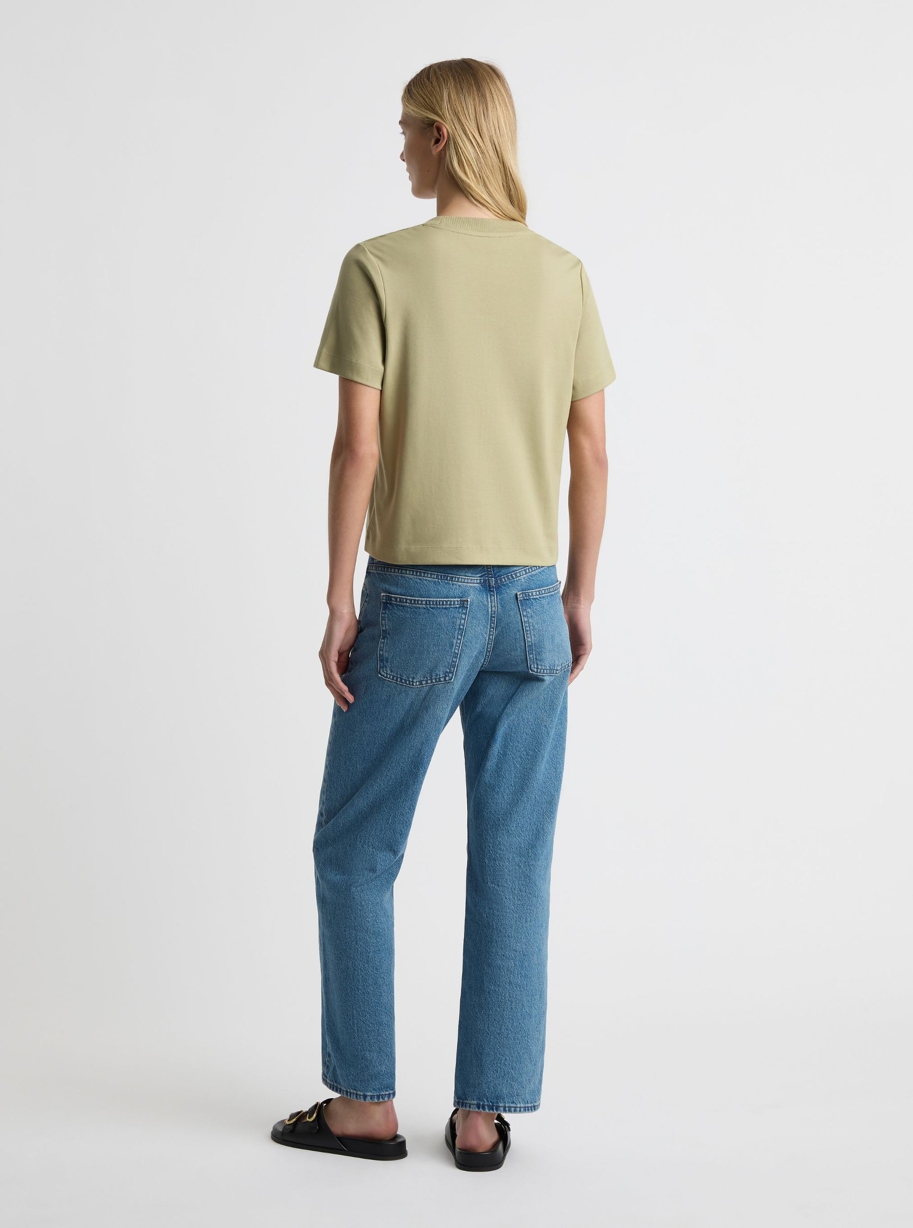 Sage Green|Good Earth Cotton® Box Cut Tee – Sustainable Cotton T-shirt|Amelia is 5'11" and wearing a size S