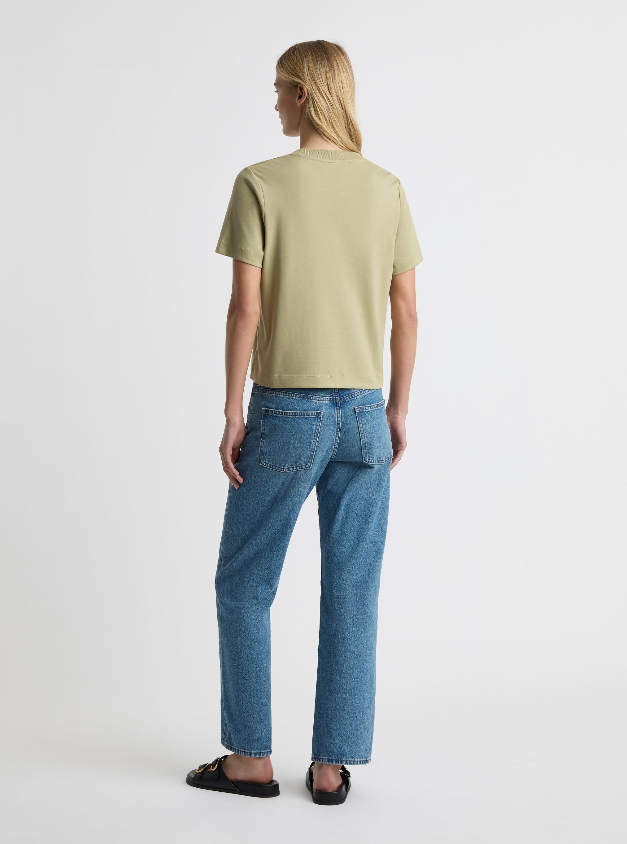 Sage Green|Good Earth Cotton® Box Cut Tee – Sustainable Cotton T-shirt|Amelia is 5'11" and wearing a size S